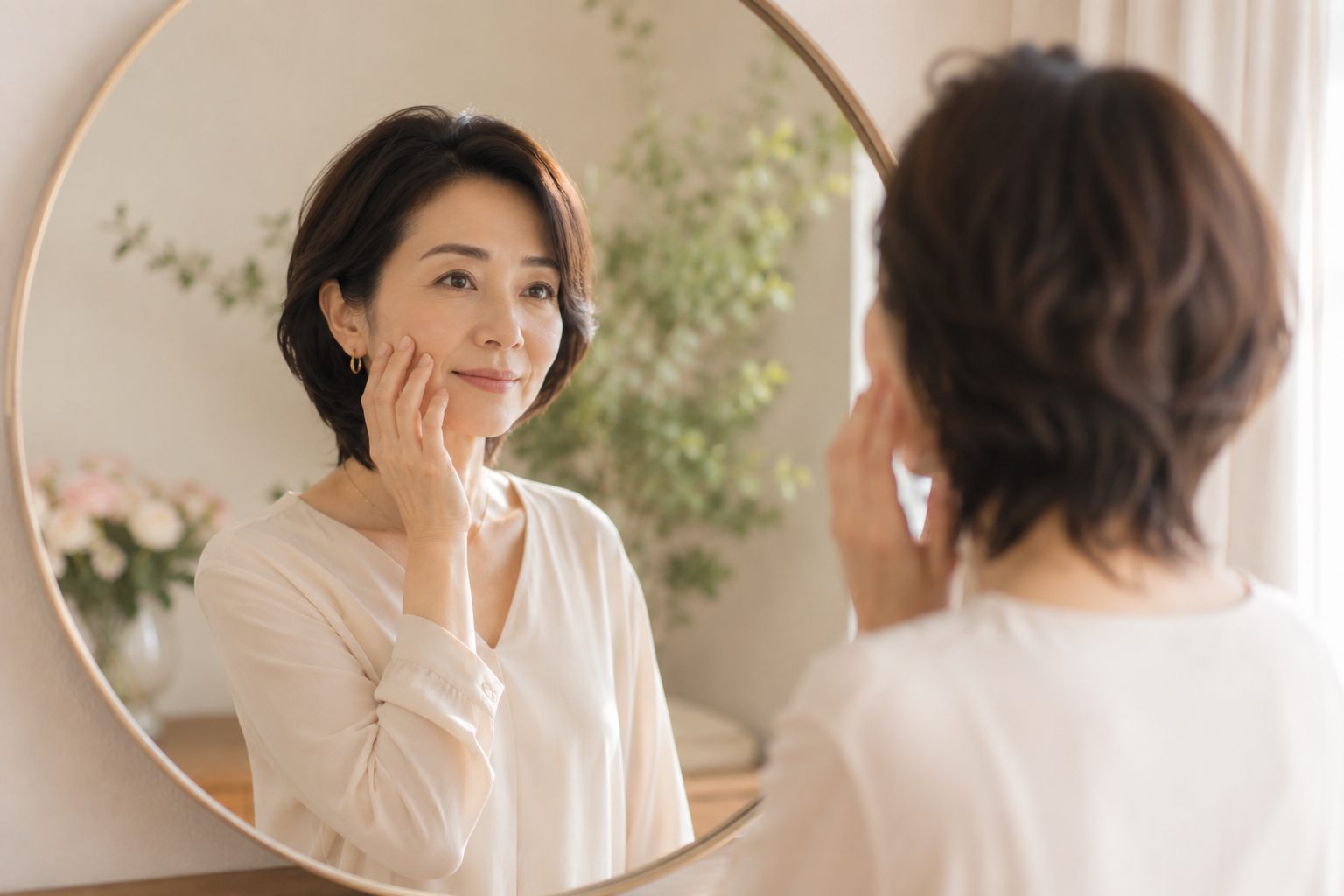 朝、鏡の前で頬に手を添える40代女性