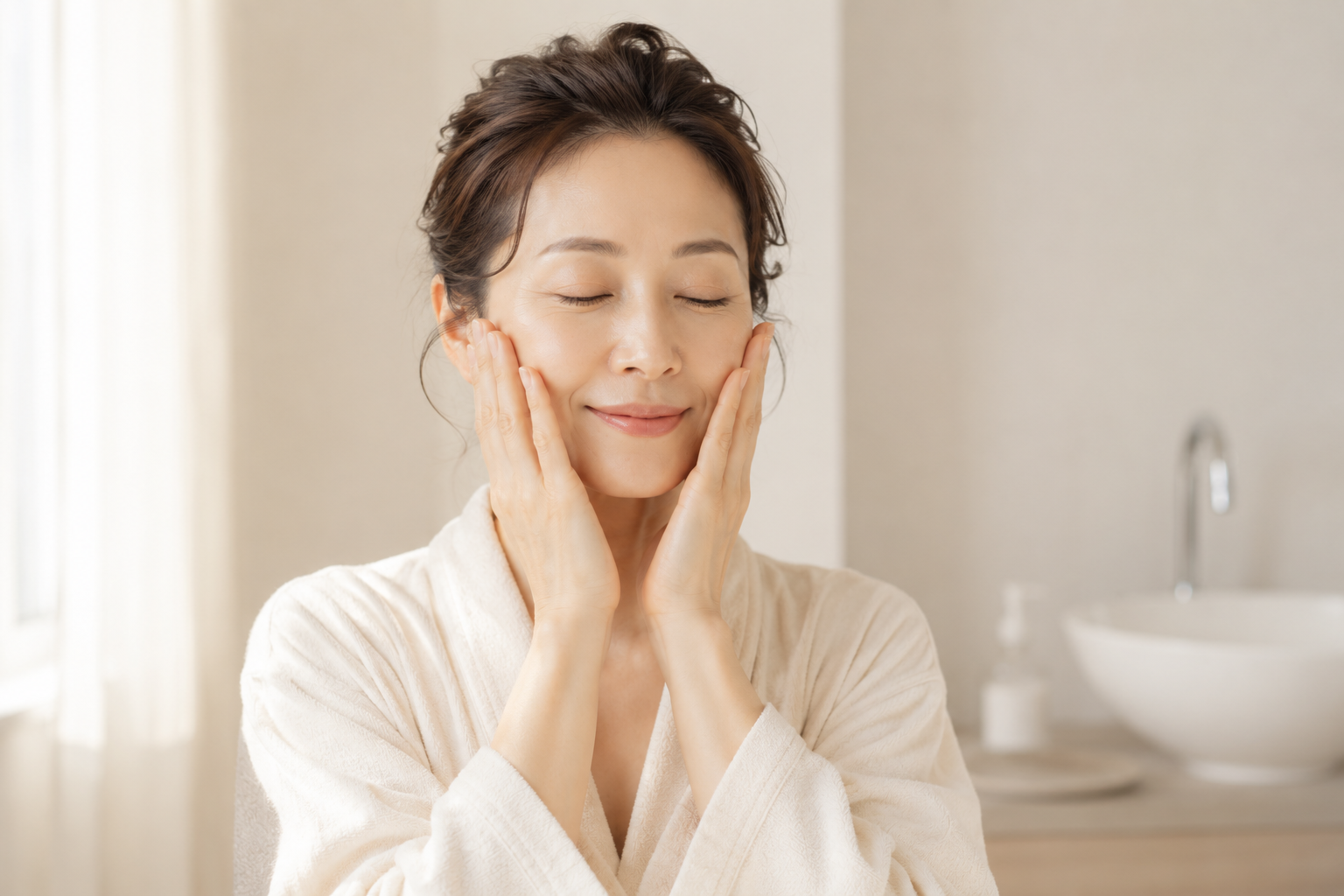 更年期世代の女性がやさしくスキンケアをする穏やかなひととき