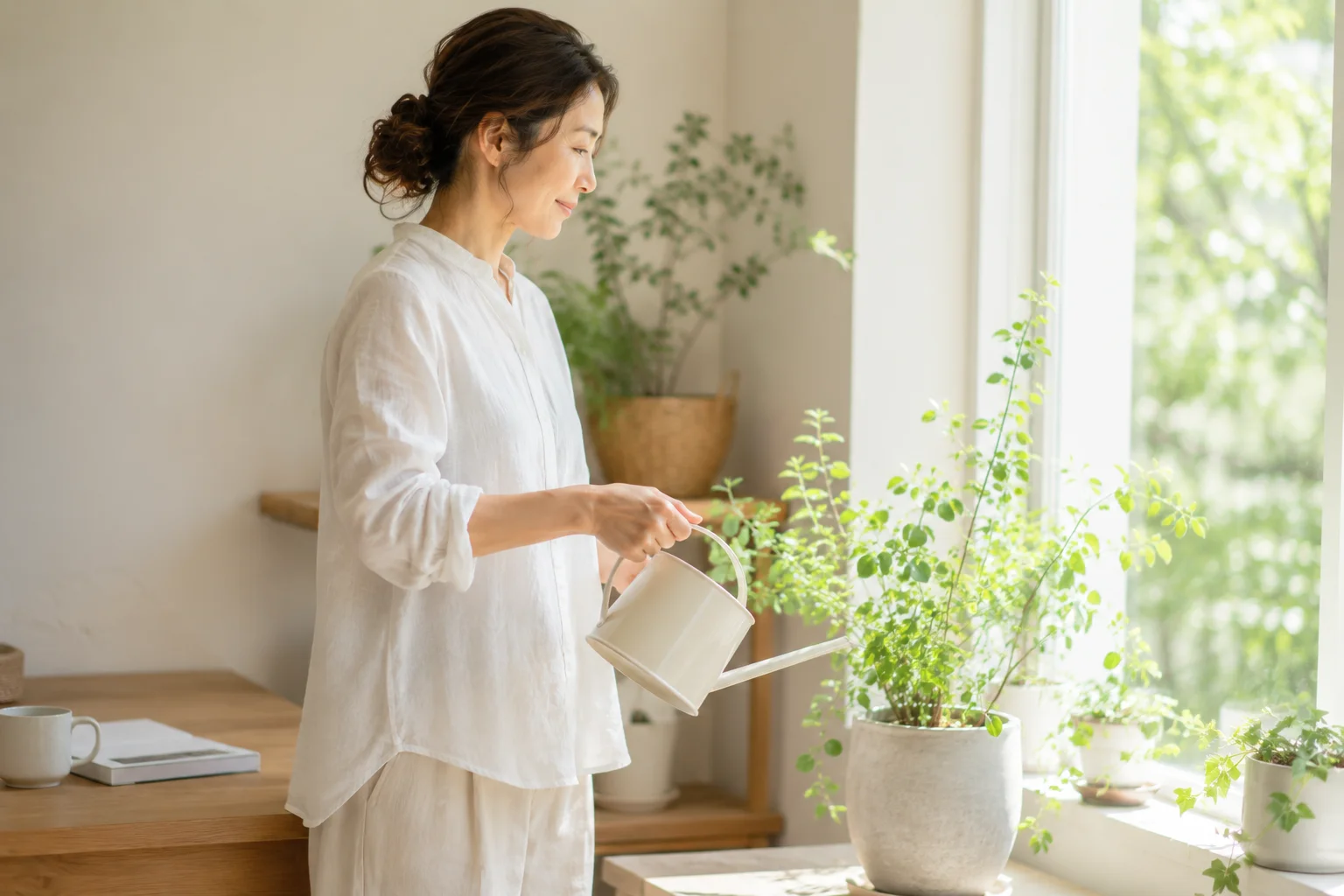 植物に水をあげながら自分をいたわる40代女性
