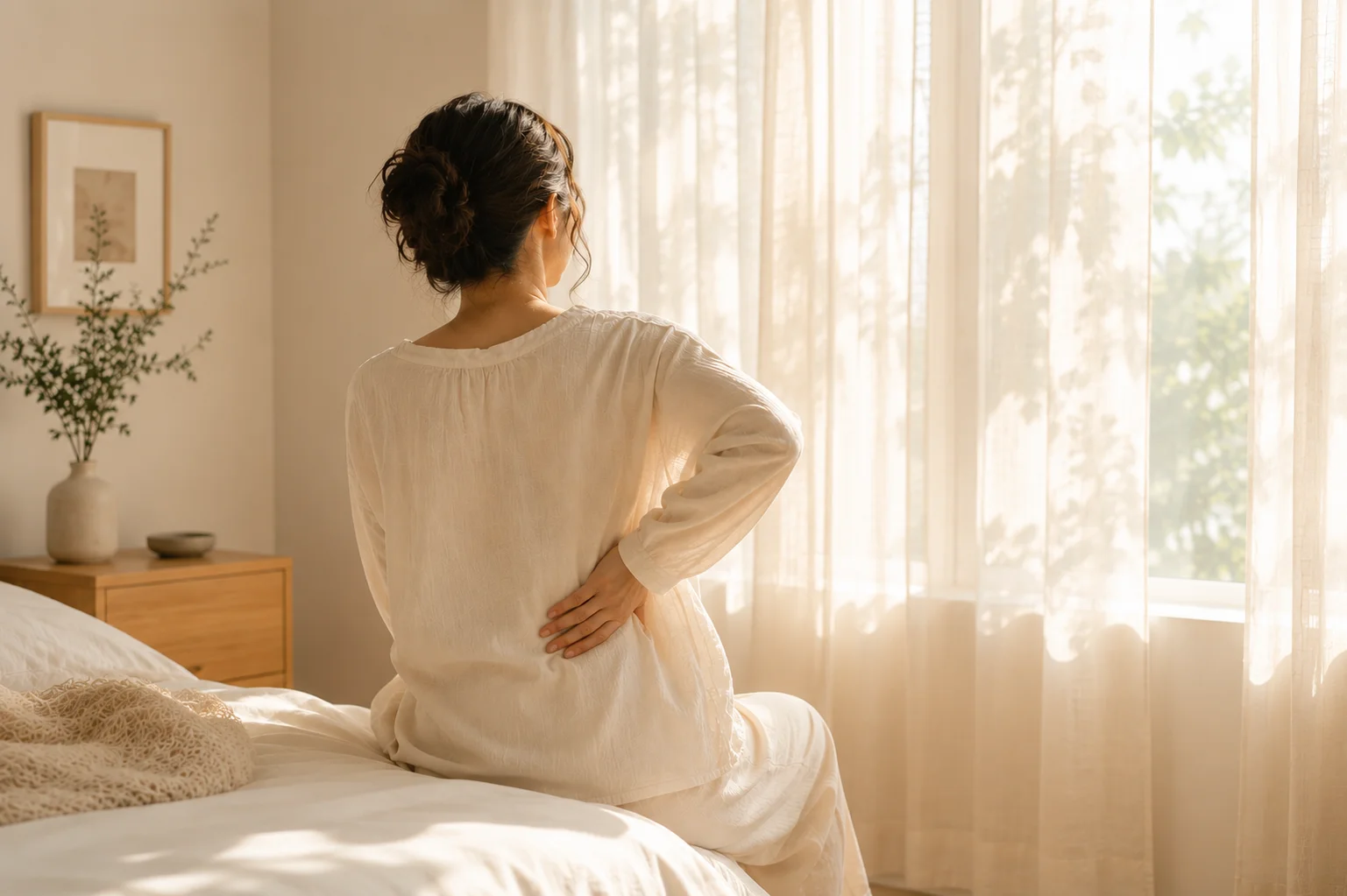 体型の変化に気づき窓辺で過ごす更年期世代の女性