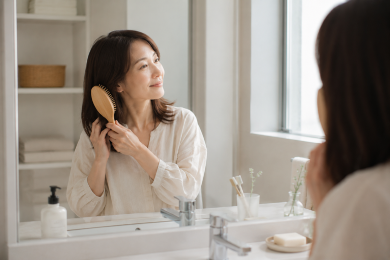 40代から50代の女性が洗面台で髪をブラッシングしている様子