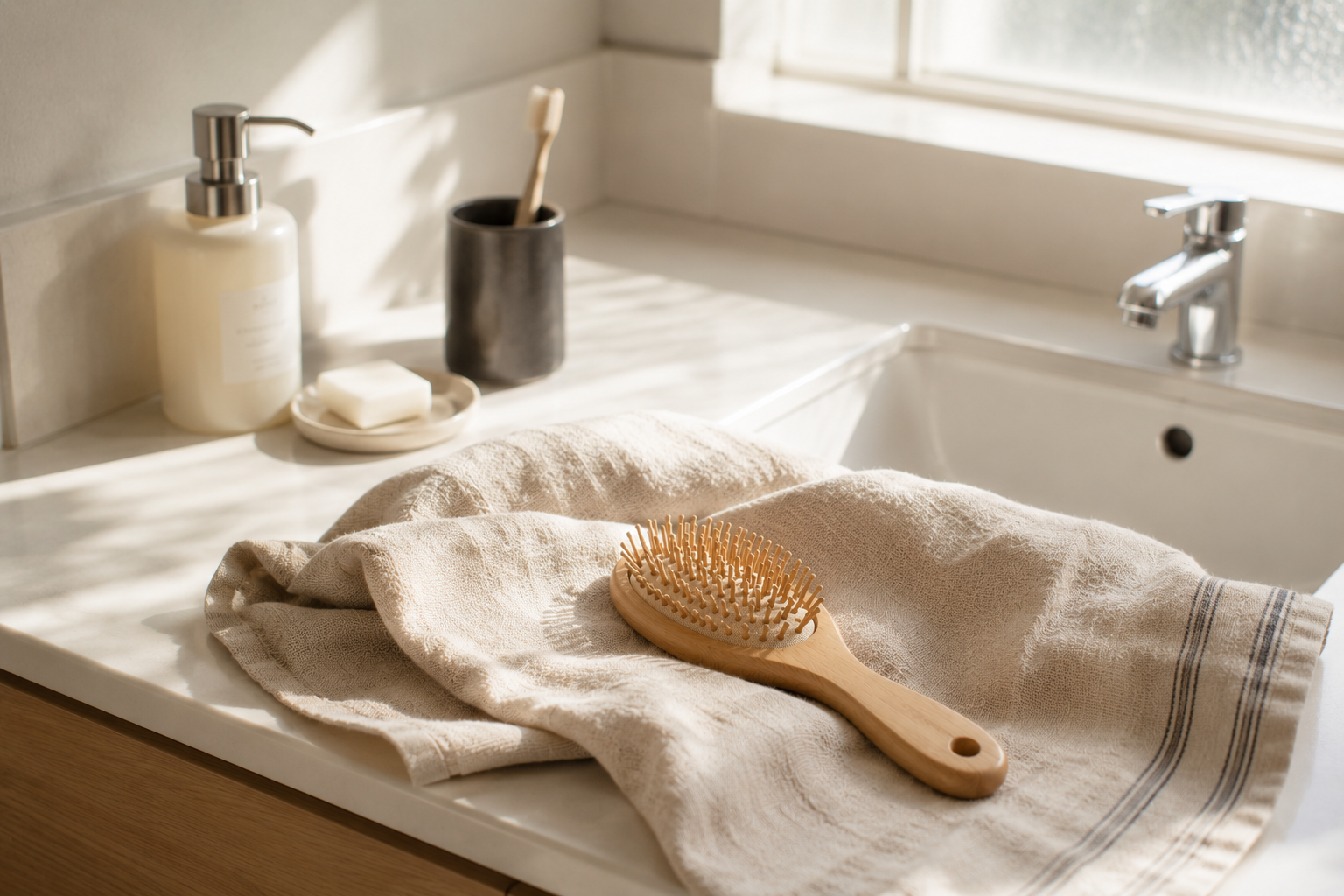 木製ブラシと自然素材のヘアケアアイテムが並ぶ穏やかな朝の風景