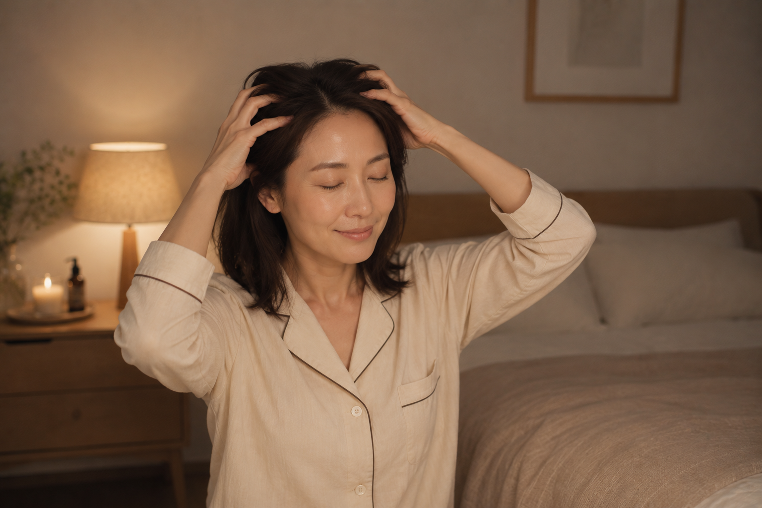更年期世代の女性が頭皮をやさしくケアする穏やかなひととき