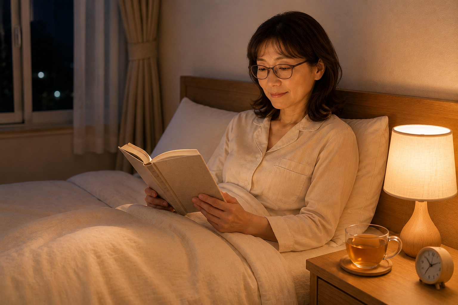就寝前に読書を楽しむ更年期世代の女性の穏やかな夜の時間