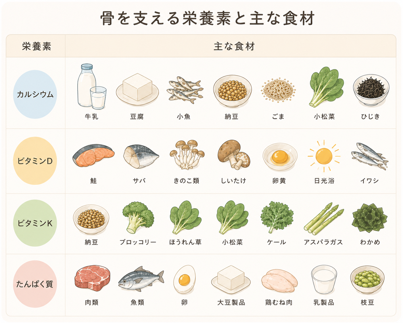 骨の健康を支える主な栄養素と食品を示すシンプルなイラスト