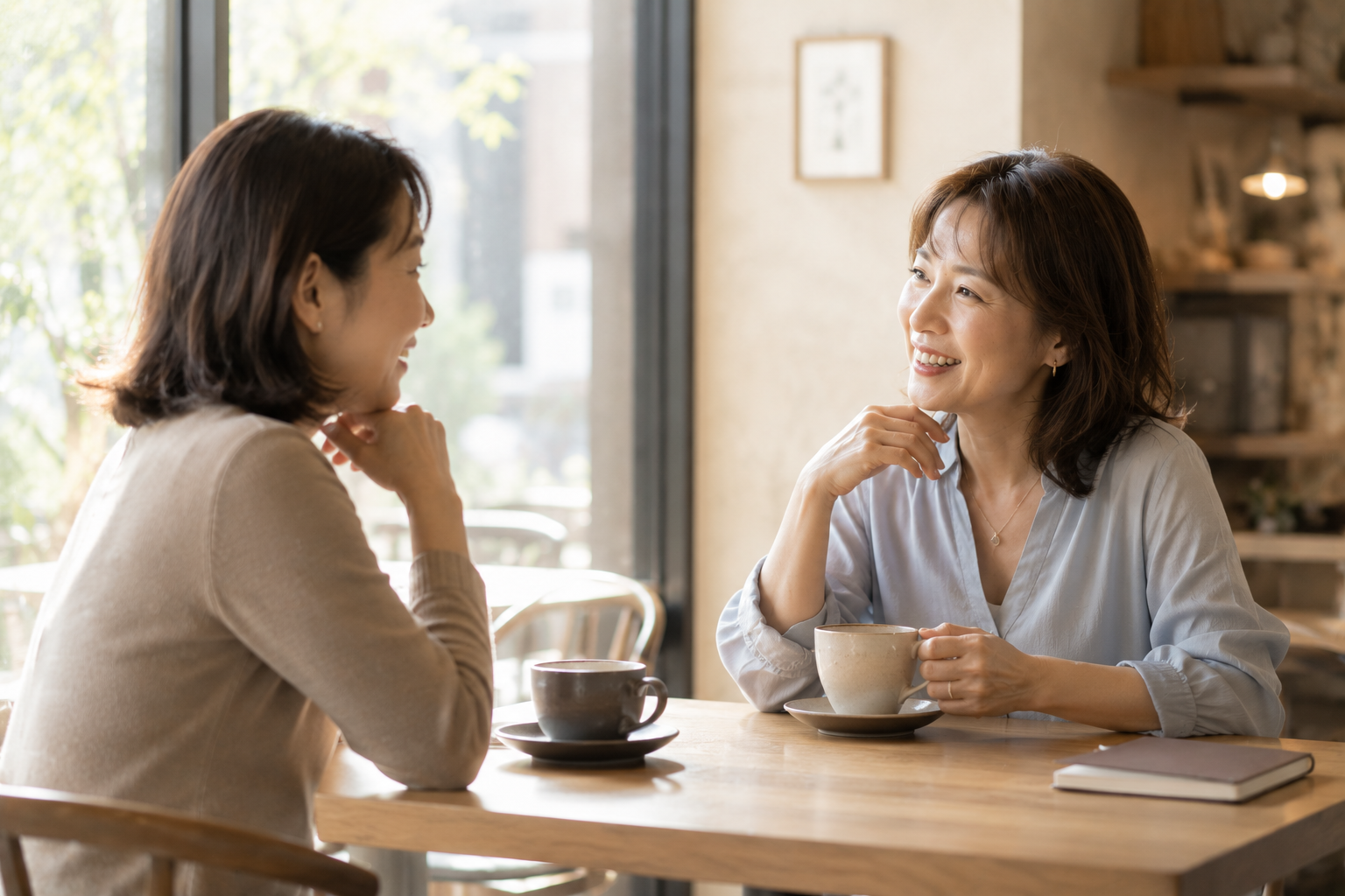 更年期世代の女性同士が寄り添いながら話す温かいひととき