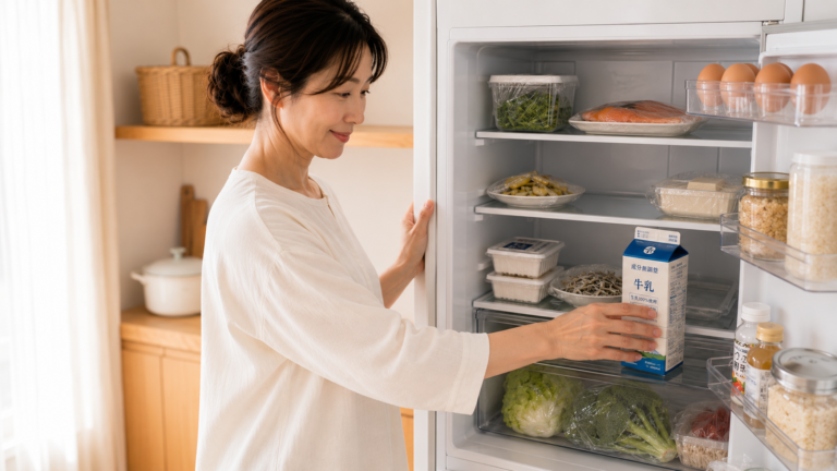 更年期世代の女性が冷蔵庫から牛乳を取り出し、骨の健康を意識した食材を選んでいる様子