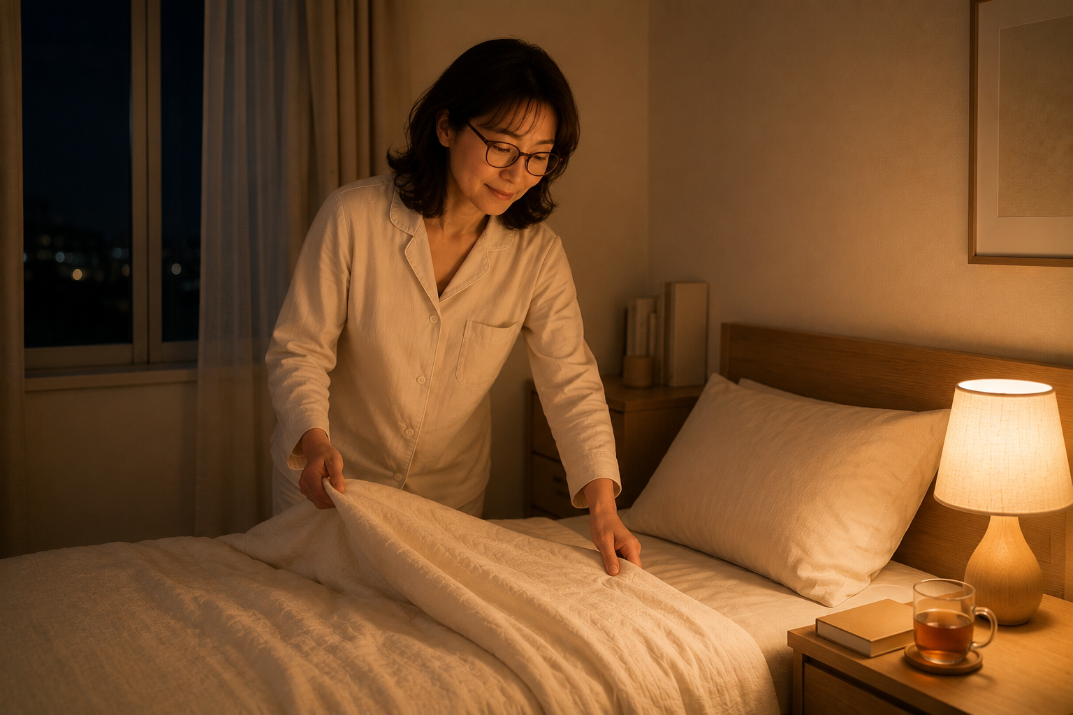 居心地の良い寝室で眠る準備をする更年期世代の女性の穏やかなひととき