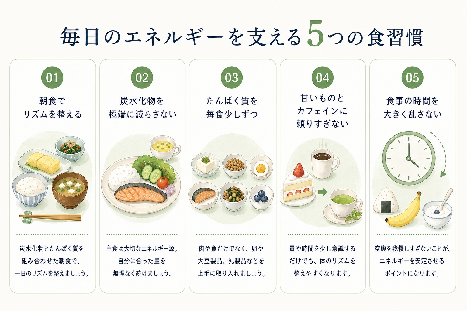 更年期世代のエネルギーを支える5つの食習慣を示すインフォグラフィック