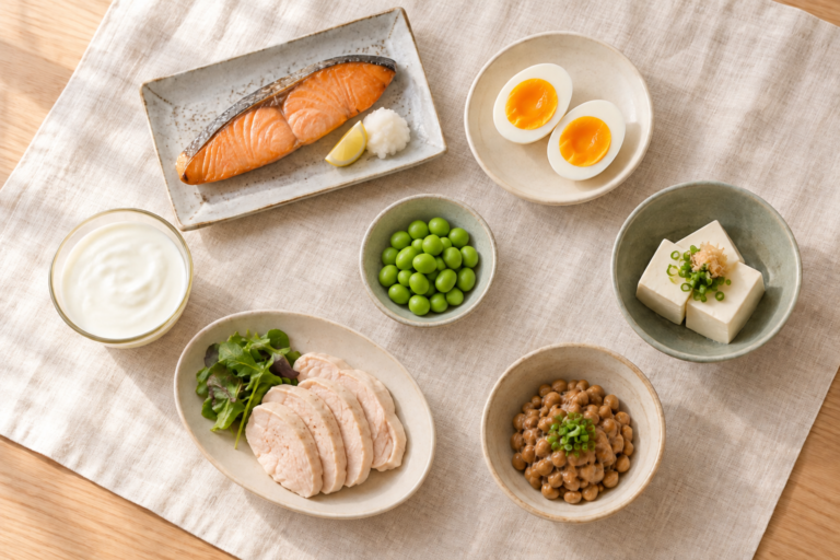 鮭、卵、豆腐、納豆、鶏肉、ヨーグルトなど、たんぱく質を含む身近な食品
