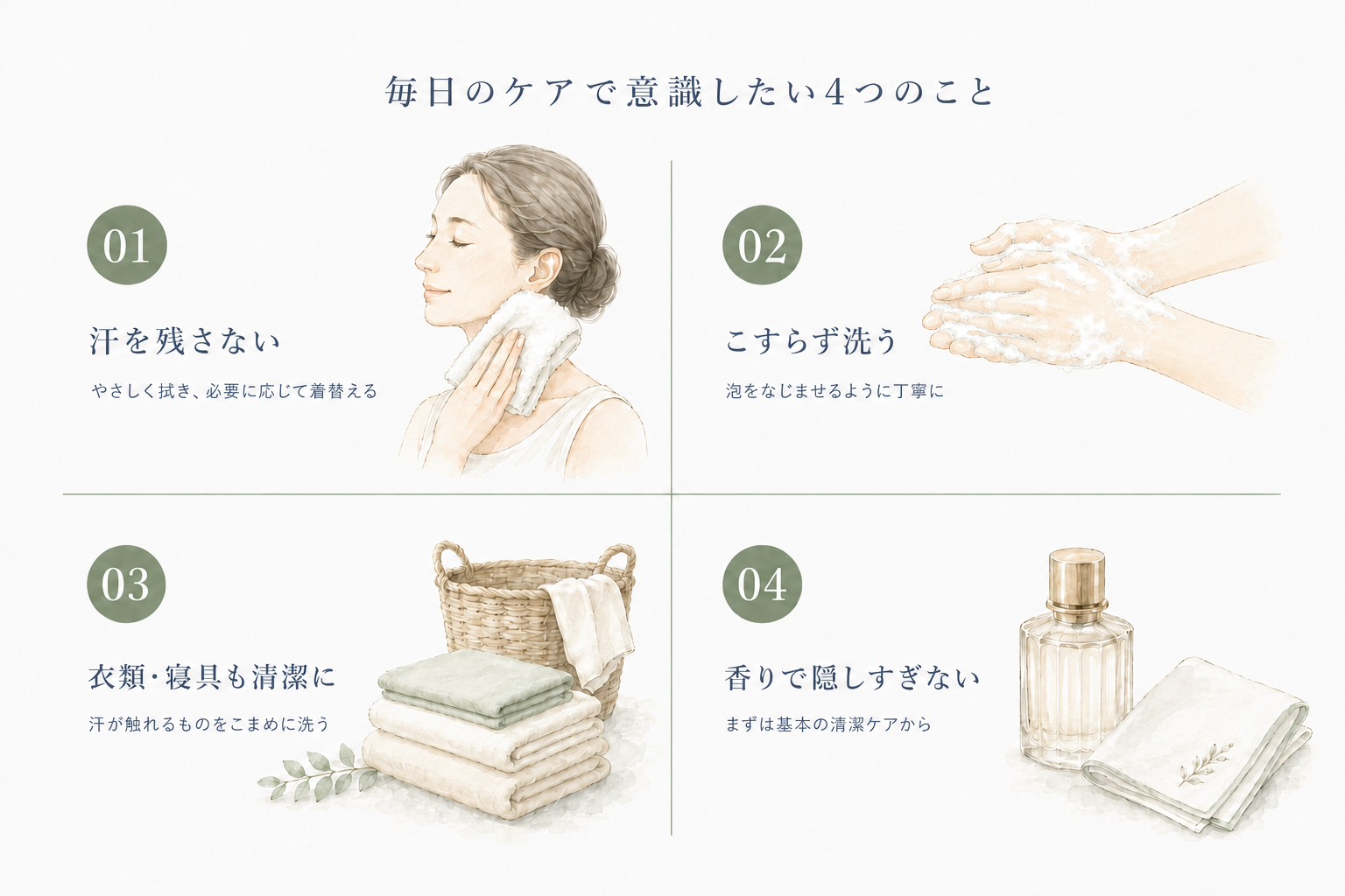 体のにおいのケアで意識したい4つのことを示すインフォグラフィック